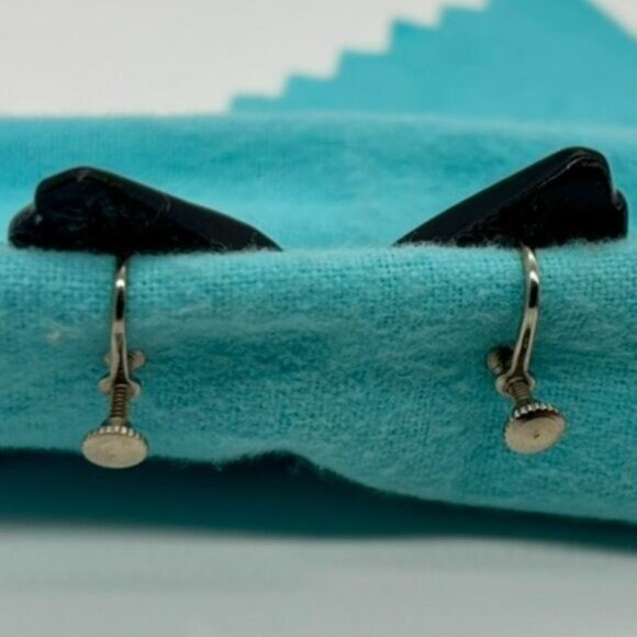 Vintage Lucite Plastic Earrings Similar to Bakelite Black Fan Shape, Screw-Backs - Picture 5 of 10